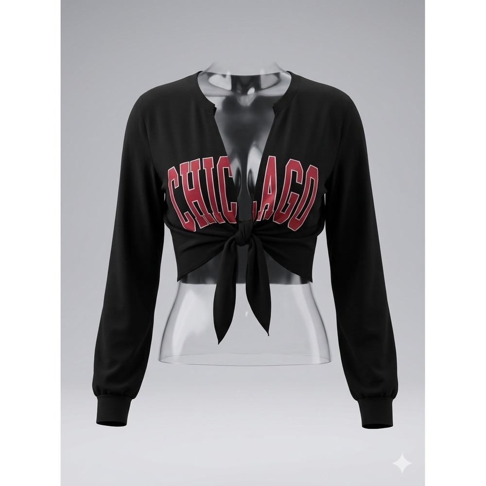 Chicago Graphic Tie Front Crop Top Black Long Sleeve Womens Large